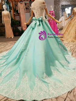 Blue Ball Gown Satin Lace Appliques Off The Shoulder Wedding Dress