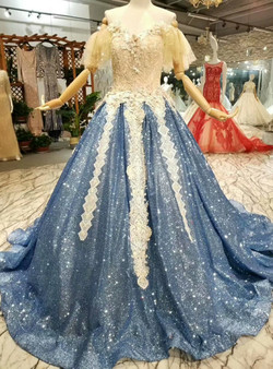 Blue Ball Gown Sequins Lace Appliques Off The Shoulder Wedding Dress