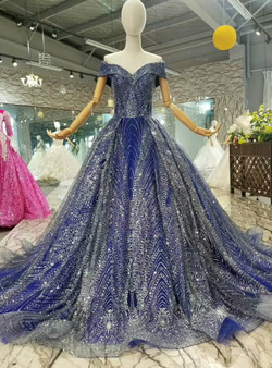 Blue Tulle Ball Gown Bling Bling Sequins Off The Shoulder Wedding Dress