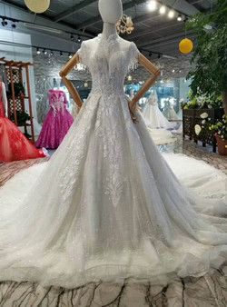 Ball Gown Tulle Lace Applique Sequins High Neck Cap Sleeve Wedding Dress With Beading