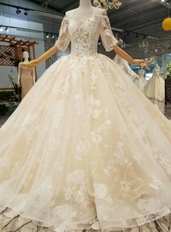 Champagne Ball Gown Tulle Lace Short Sleeve Off The Shoulder Wedding Dress