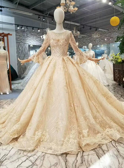 Champagne Gold Lace Tulle Long Sleeve Bateau Wedding Dress With Beading