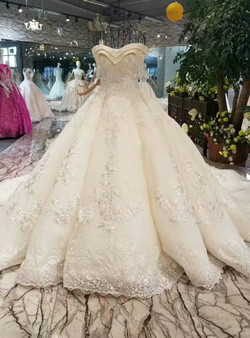 Light Champagne Tulle Lace Appliques Off The Shoulder Beading Wedding Dress With Beading