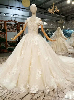 Champagne Ball Gown Tulle Appliques Off The Shoulder Wedding Dress With Train Champagne Ball Gown Tulle Appliques Off The Shoulder Wedding Dress With Train