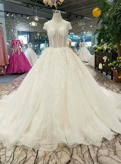 Ball Gown Tulle Sequins High Neck Backless Cap Sleeve Wedding Dress