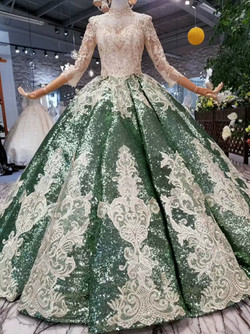 Green Ball Gown Sequins Appliques High Neck Long Sleeve Wedding Dress