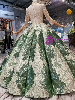 Green Ball Gown Sequins Appliques High Neck Long Sleeve Wedding Dress