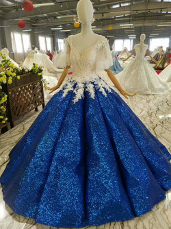Royal Blue Ball Gown Sequins Appliques V-neck Short SLeeve Wedding Dress