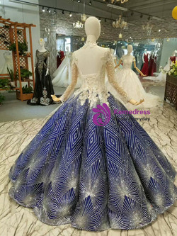 Blue Ball Gown Sequins Bling Bling Appliques Square Long Sleeve Wedding Dress