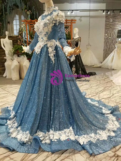 Blue Sequins Bling Bling White Appliques High Neck Long Sleeve Wedding Dress