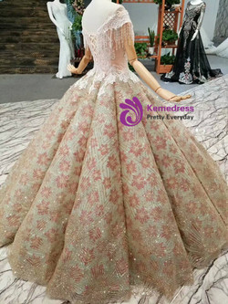 Champagne Ball Gown Sequins Bling Bling Bateau Cap Sleeve Beading Wedding Dress