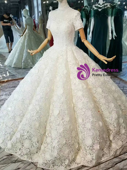 Ball Gown Lace High Neck Short Sleeve Appliques Ball Gown Weddign Dress