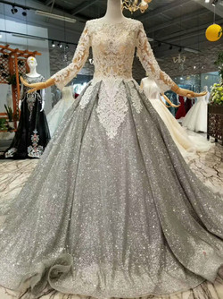 Gray Ball Gown Sequins Lace Appliques Long Sleeve Wedding Dress