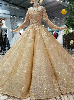 Gold Ball Gonw Sequins Appliques High Neck Long Sleeve Wedding Dress