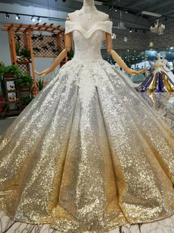 Silver Gold Ball Gown Sequins Appliques Off The Shoulder Floor Length Wedding Dress