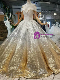 Silver Gold Ball Gown Sequins Appliques Off The Shoulder Floor Length Wedding Dress
