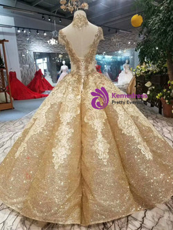 Gold Ball Gown Sequins Appliques High Neck Backless Beading Wedding Dress