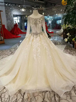 Light Champagne Tulle Sequins Long Sleeve Backless Appliques Wedding Dress