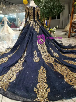 Navy Blue Lace Sequins Appliques Long Sleeve Wedding Dress With Train