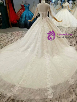 Ball Gown Sequins Lace Appliques High Neck 3/4 Sleeve Backless Wedding Dress