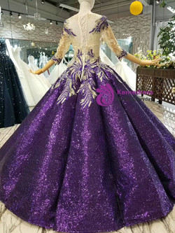 Purple Ball Gown Sequins Appliques Half Sleeve Floor Length Wedding Dress