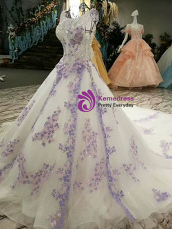Ball Gown Tulle Sequins Purple Appliques Bateau Wedding Dress With Beading
