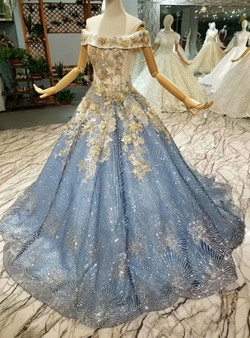 Blue Ball Gown Tulle Sequins Off The Shoulder Appliques Wedding Dress