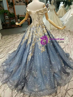 Blue Ball Gown Tulle Sequins Off The Shoulder Appliques Wedding Dress