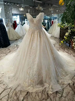 Champagne Ball Gown Tulle Sequins Off The Shoulder Appliques Wedding Dress