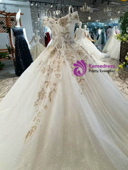 Ball Gown Tulle Sequins Off The Shoulder Appliques Wedding Dress With Train