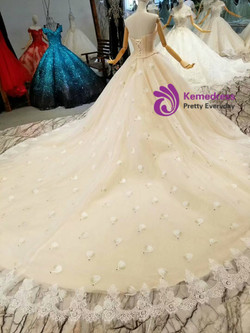 Champagne Ball Gown Tulle Strapless Swan Appliques Wedding Dress With Train