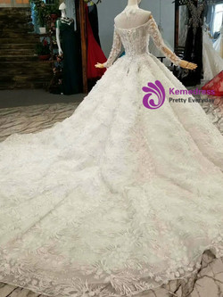 Ball Gown Tulle Appliques Off The Shoulder Long Sleeve Wedding Dress With Train