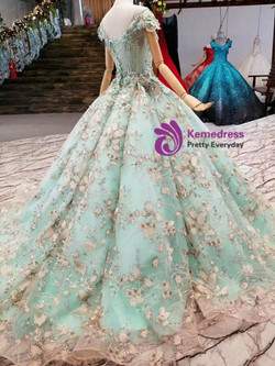 Green Ball Gown Tulle Appliques Bateau Cap Sleeve Wedding Dress