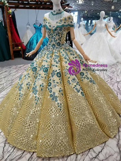 Gold Ball Gown Sequins Green Appliques Off the Shoulder Wedding Dress