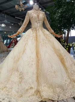 Champagne Lace High Neck Long Sleeve Backless Beading Crystal Wedding Dress