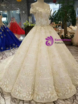 Champagne Tulle Sequins Appliques Off The Shoulder Wedding Dress