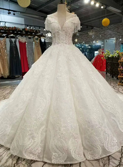 Ball Gown Tulle Sequins Bateau Cap Sleeve Wedding Dress With beading
