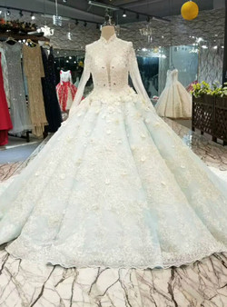 Blue Ball Gown Lave Appliques High Neck Long Sleeve Haute Couture Wedding Dresses