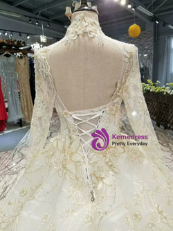 Light Champagne Tulle Sequins High Neck Long Sleeve Backless Wedding Dress
