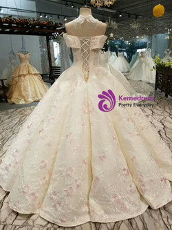 Champagne Ball Gown Pink Embroidery Appliques off The Shoulder Beading Wedding Dress