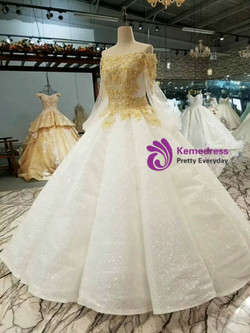 White Ball Gown Sequins Lace Appliques Off The Shoulder Long Sleeve Wedding Dress