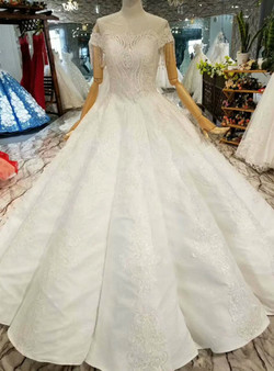 White Ball Gown Satin Backless Cap Sleeve Appliques Wedding Dress With Beading