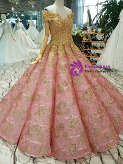 Pink Gold Ball Gown Sequins Appliques Off The Shoulder Wedding Dress With Beading