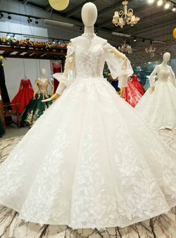 White Ball Gown Sequins Lace Appliques Off The Shoulder Long Sleeve Wedding Dress With Beading
