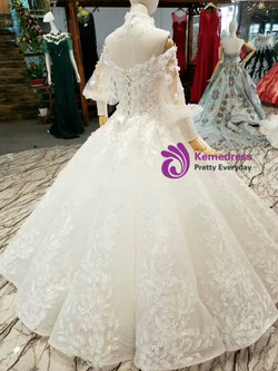 White Ball Gown Sequins Lace Appliques Off The Shoulder Long Sleeve Wedding Dress With Beading