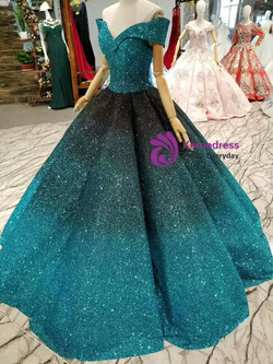 Blue Ball Gown Sequins Off The Shoulder Floor Length Wedding Dress
