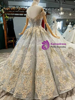 Silver Gray Sequins Champagne Appliques Off The Shoulder Wedding Dress