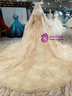 Champagne Tulle Lace Appliques Off The Shoulder Wedding Dress With Beading