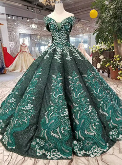 Dask Green Sequins Appliques Off The Shoulder Floor Length Wedding Dress