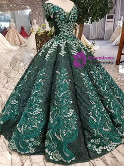 Dask Green Sequins Appliques Off The Shoulder Floor Length Wedding Dress
